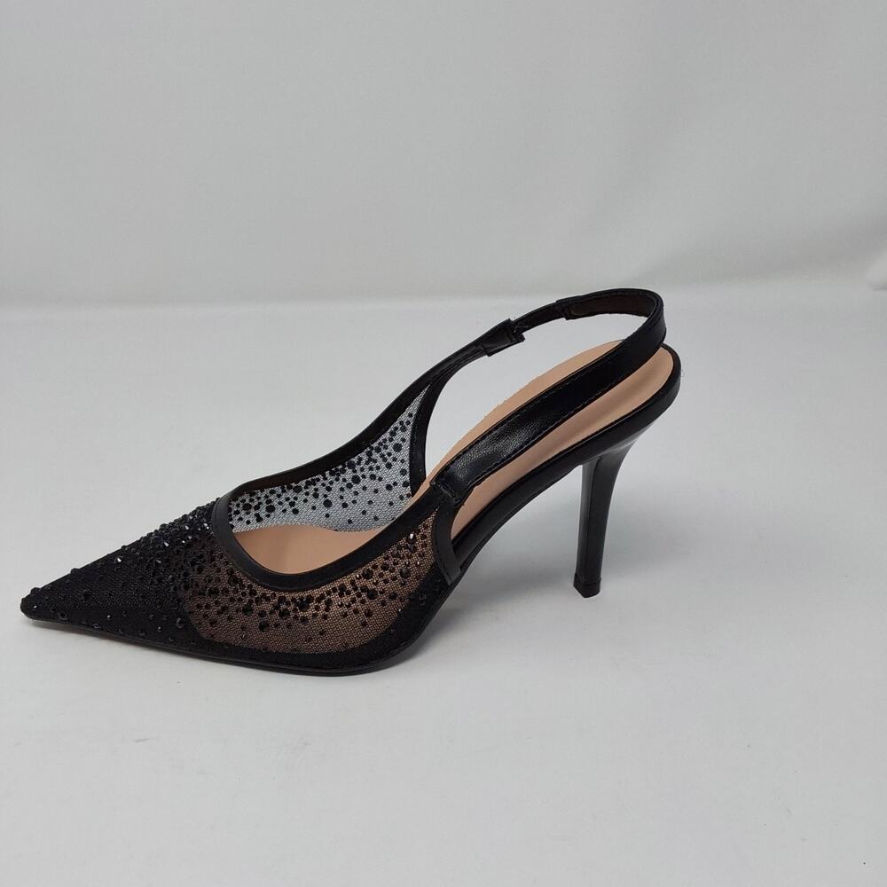 Women’s Black Rhinestone Mesh Slingback Stiletto Heels Pointed Toe Pumps Size 6 - Picture 7 of 16